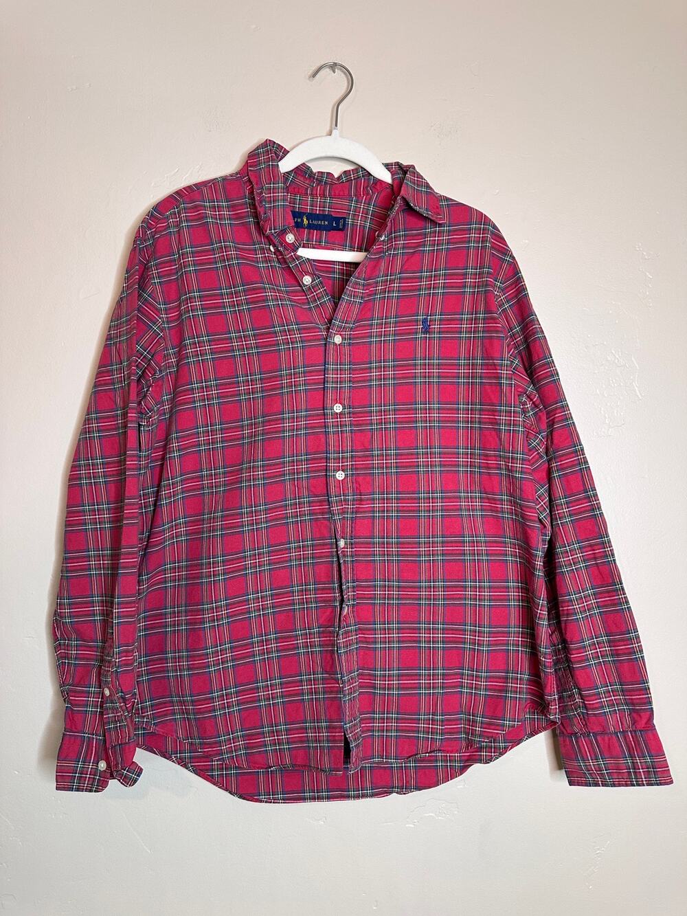 Men's Vintage Ralph Lauren Red Plaid Button Up Long Sleeve Large